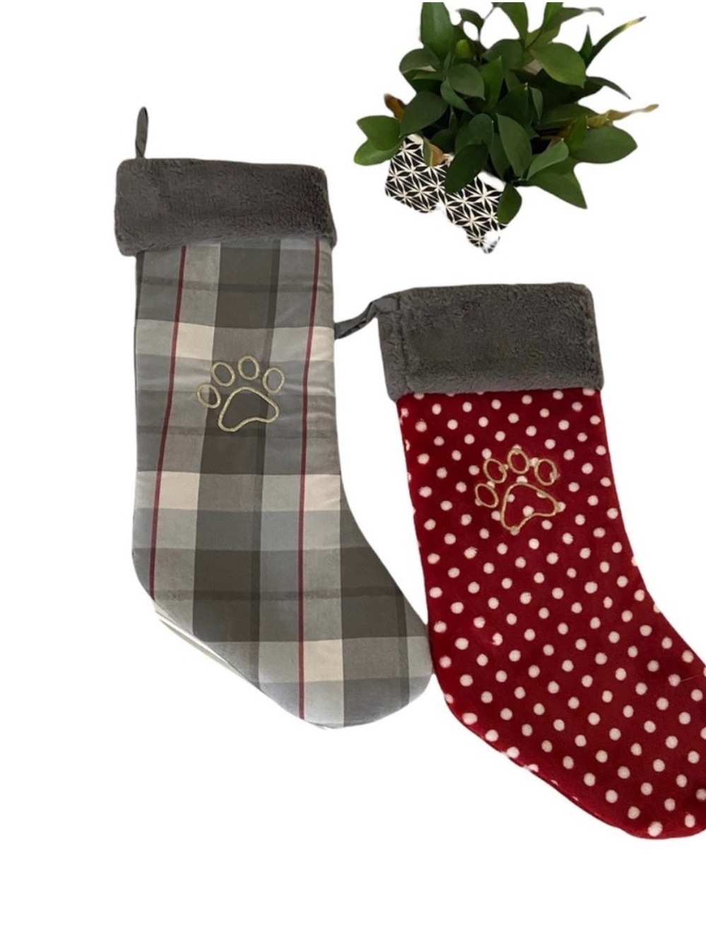 Holiday Pet Stockings - Gray Plaid & Red Polka Dot Paw